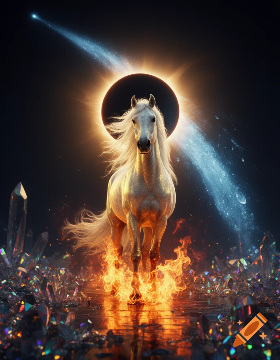 A majestic white horse with glowing golden fur and flaming hooves stands before a solar eclipse, surrounded by sparkling crystals and a streaking comet in a dark, fantasy sky.