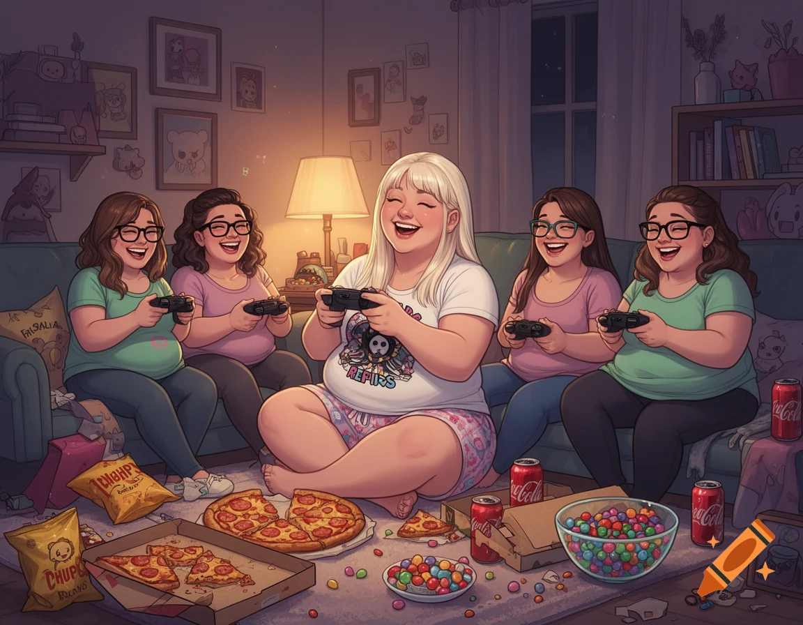Five plus-size women are enjoying a cozy night in, playing video games and laughing in a warm-lit living room filled with snacks like pizza, chips, and candy. The central blonde woman sits on the floor.