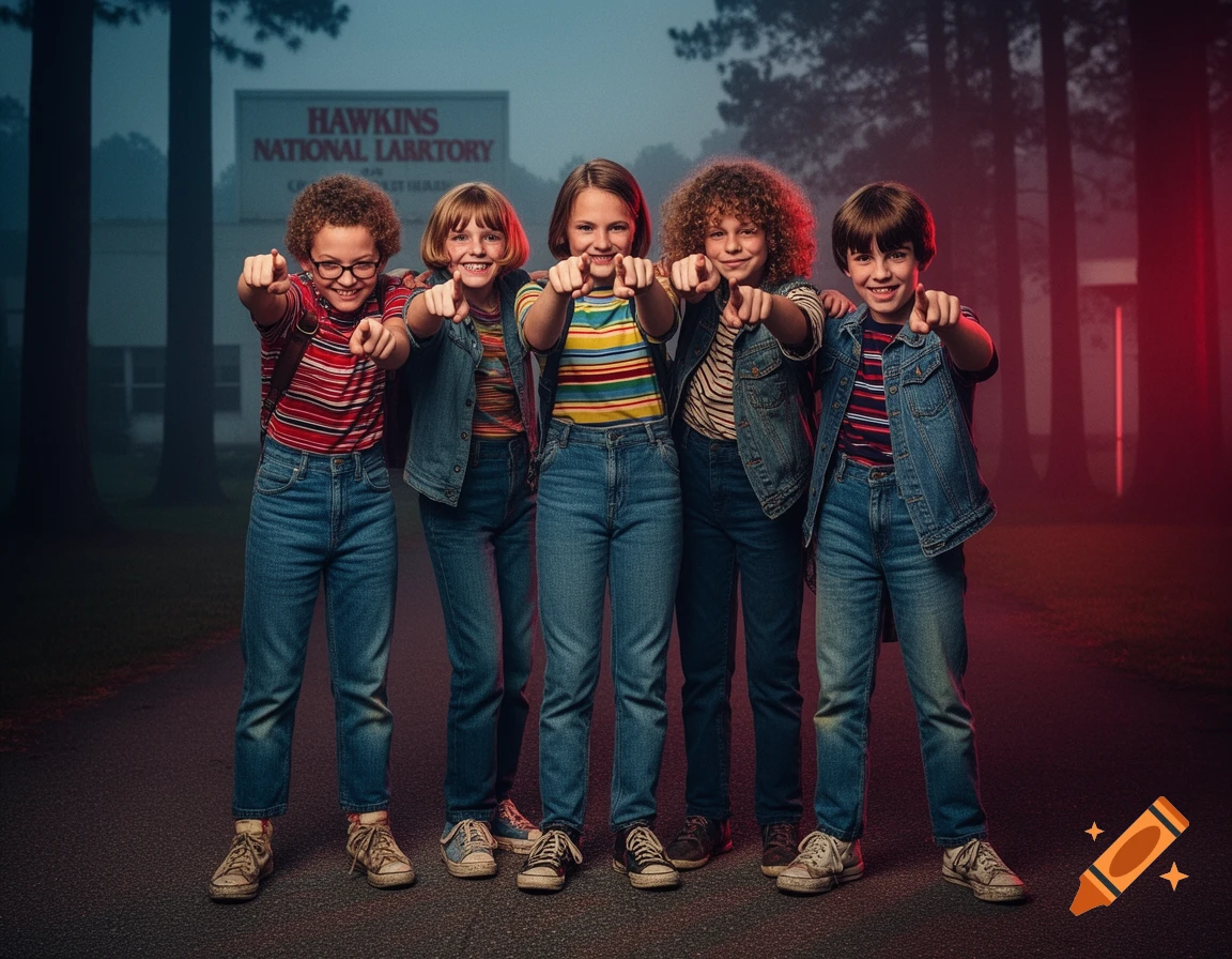 Five children in 80s attire, resembling characters from Stranger Things, stand in a line pointing directly at the viewer, in front of a misspelled "Hawkins National Laboratory" sign.
