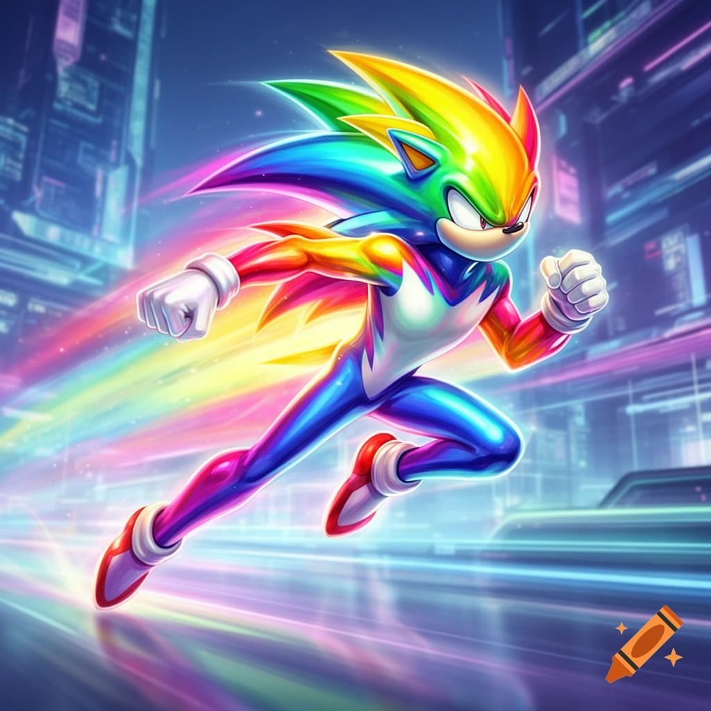 A rainbow-colored character resembling Sonic the Hedgehog running rapidly through a futuristic, neon-lit city street in a vibrant digital art style.