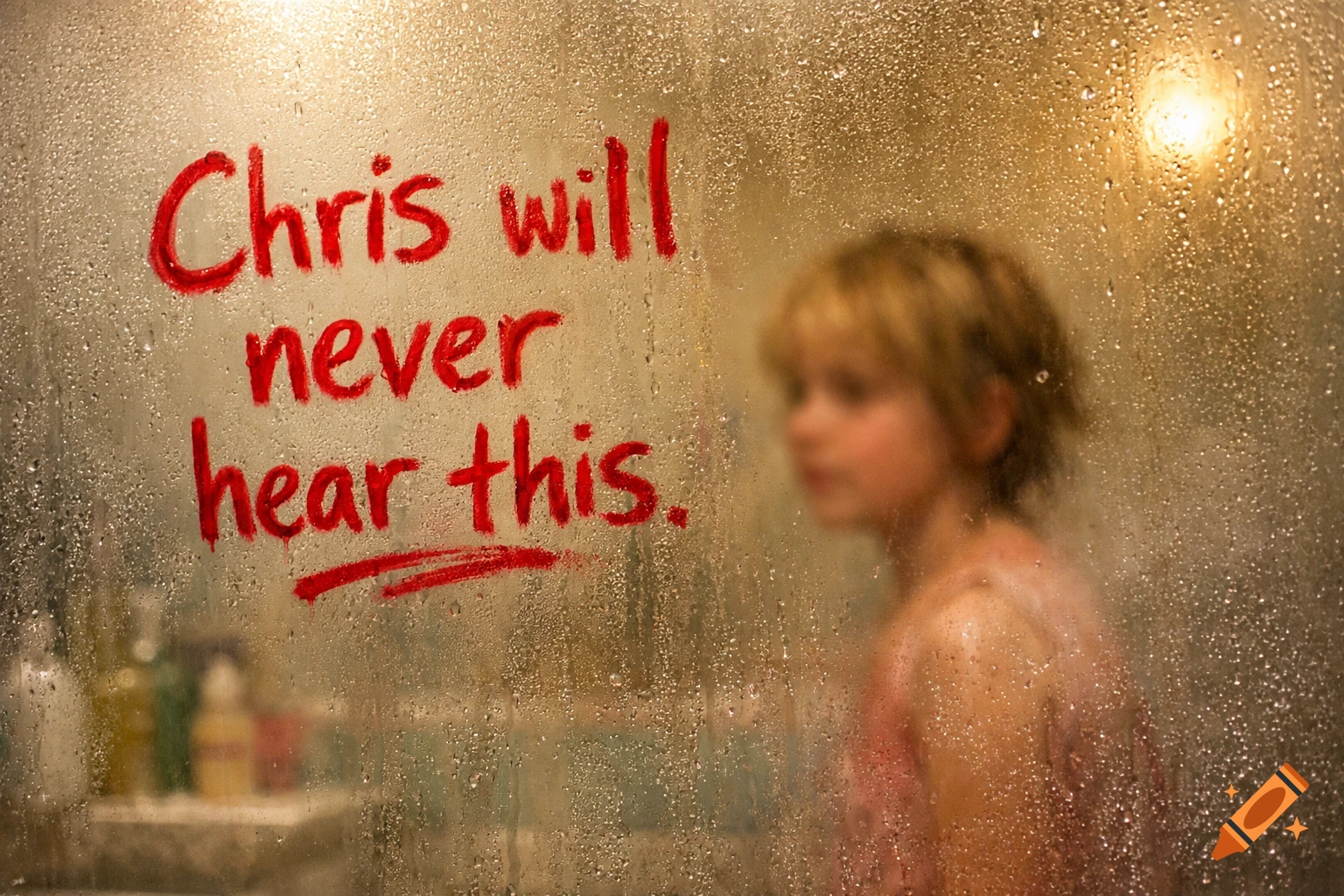 A blurry blonde girl behind a foggy mirror with "Chris will never hear this." written in red.