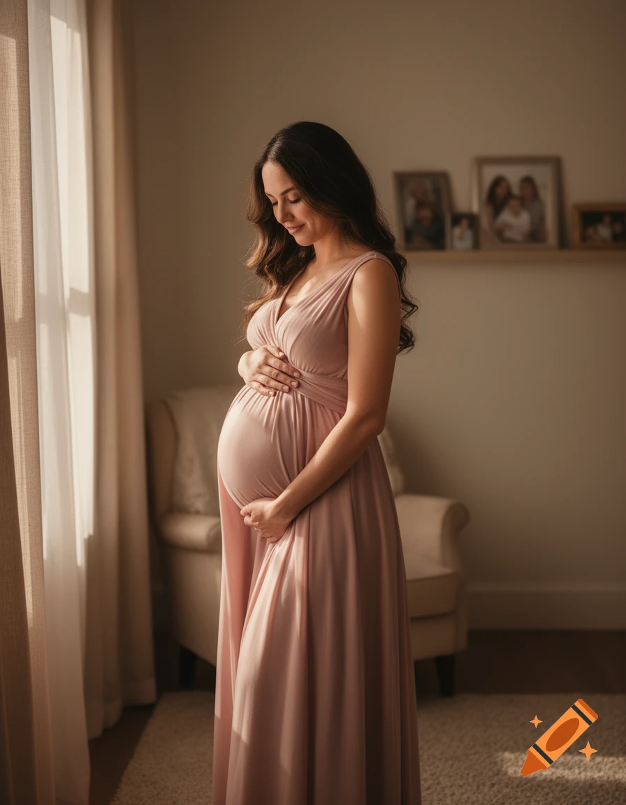 A smiling pregnant woman in a pink dress gently cradles her belly, standing by a sunlit window indoors.