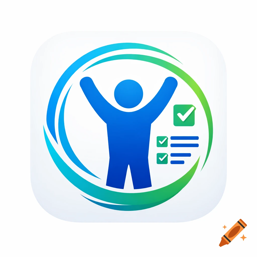 A blue stylized person with arms raised, surrounded by a green and blue swirl, next to a document and checklist, on a rounded square app icon.