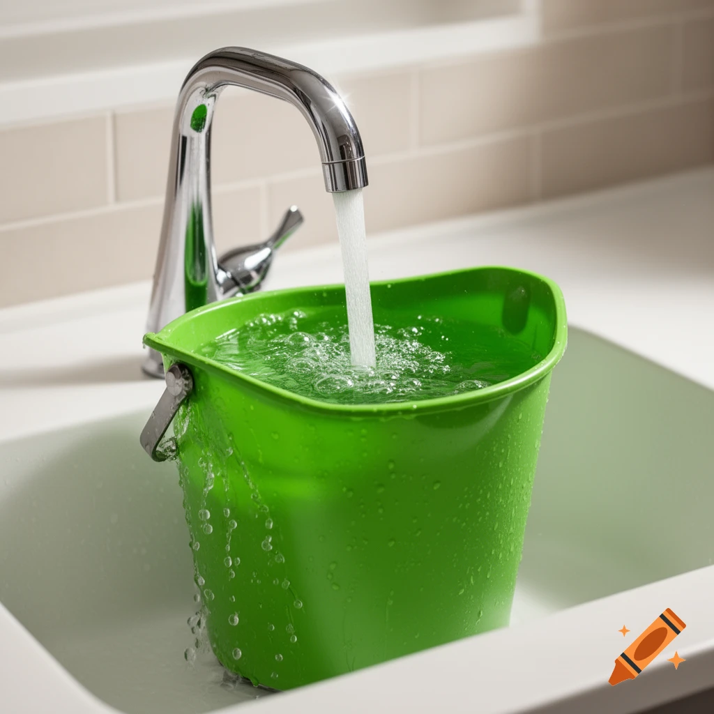 A bright green bucket placed in a white sink, filling with water from a modern chrome faucet.