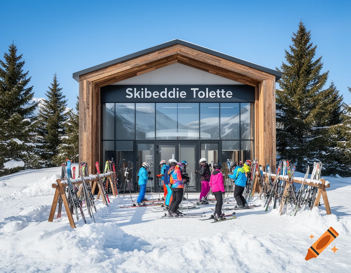 A wooden ski lodge with 'Skibeddie Tolette' text, surrounded by skiers, snow, and pine trees under a clear blue sky.