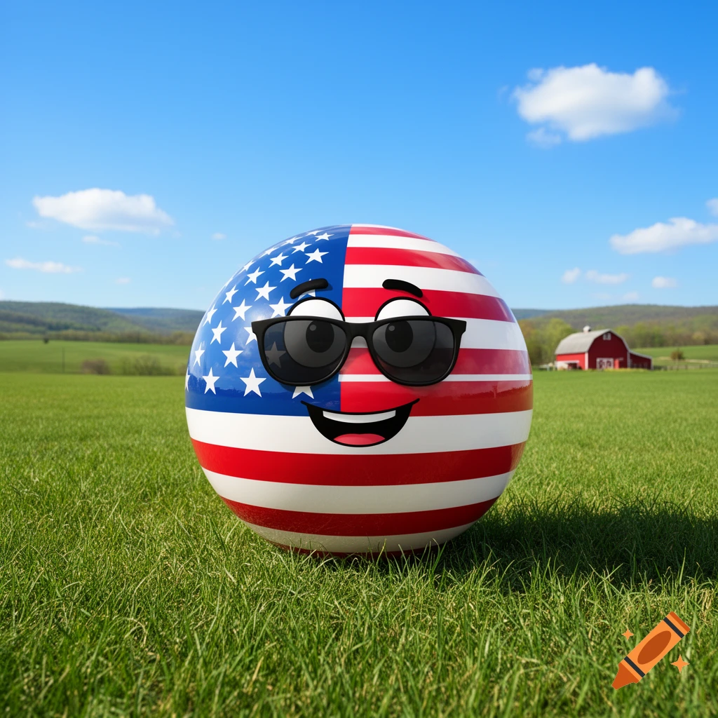 A smiling, sunglasses-wearing sphere decorated with the US flag, standing in a sunny green field with a red barn in the distance.