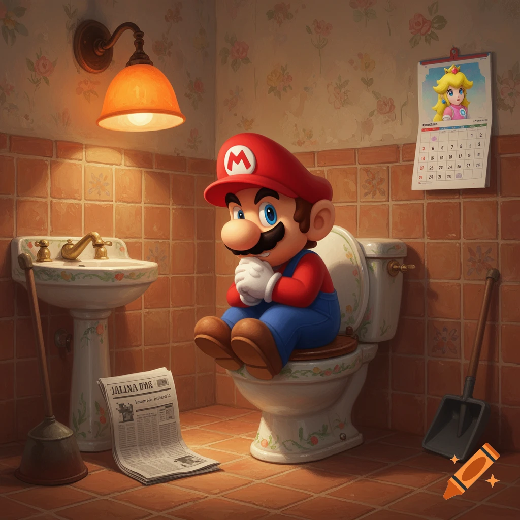 Cartoon Mario sits on a toilet in a bathroom with a newspaper on the floor and a Princess Peach calendar on the wall.