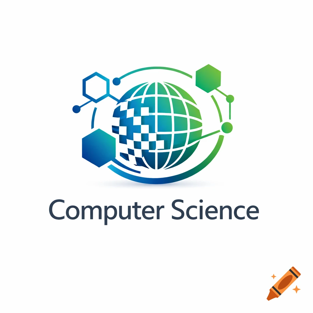 A modern logo for computer science featuring a gradient blue and green globe, interconnected hexagonal nodes, and the text "Computer Science" below.