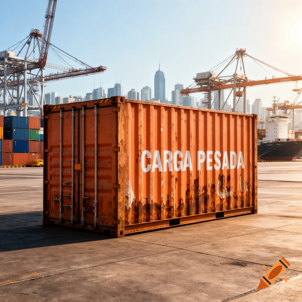 An orange cargo container, labeled "CARGA PESADA", sits on a dock with cranes, a ship, and a city skyline under a sunny sky.
