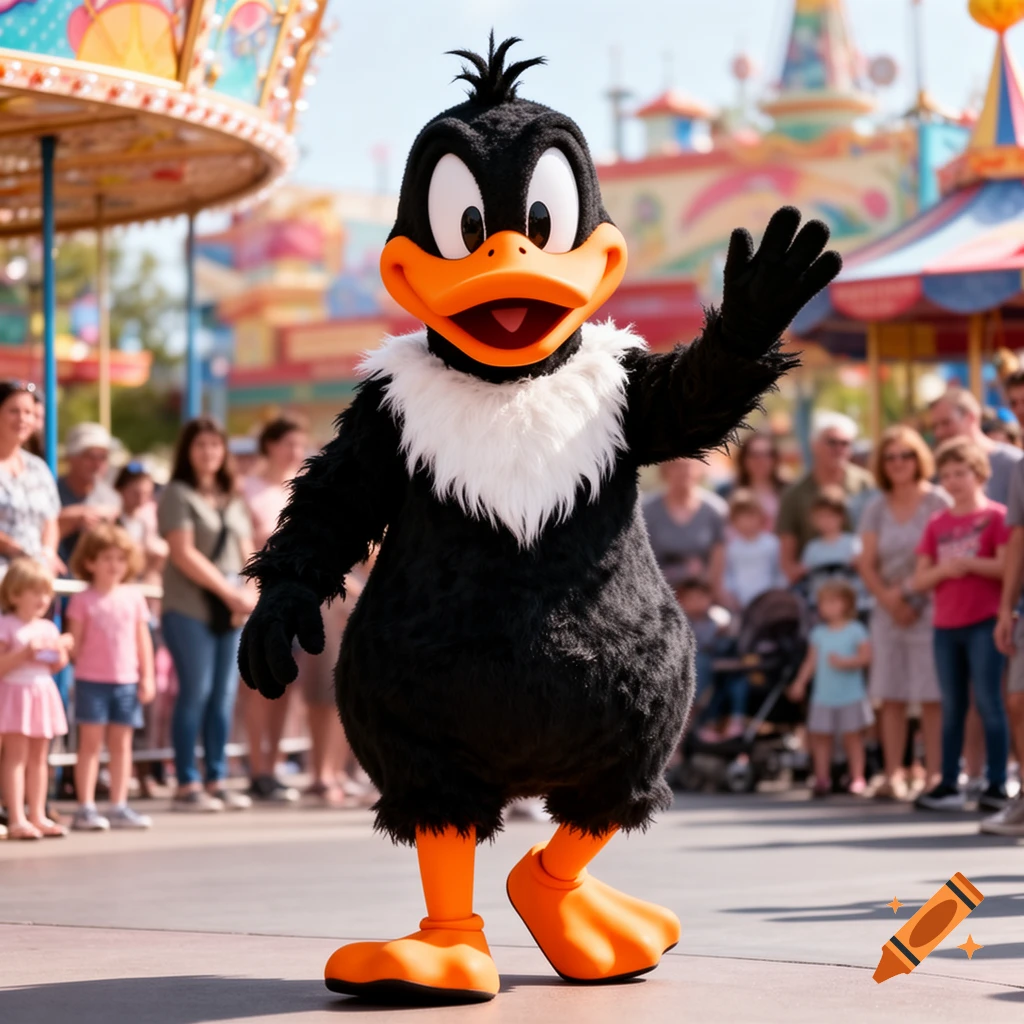 A photorealistic image of a Daffy Duck mascot costume waving in an amusement park with a blurred crowd in the background.