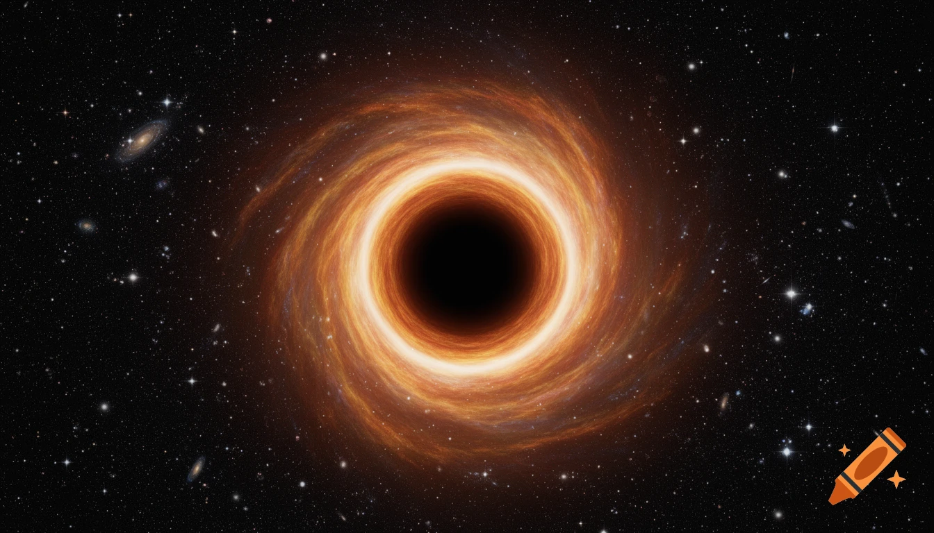 A supermassive black hole with a bright, swirling orange and yellow accretion disk, against a dark, star-filled deep space background.