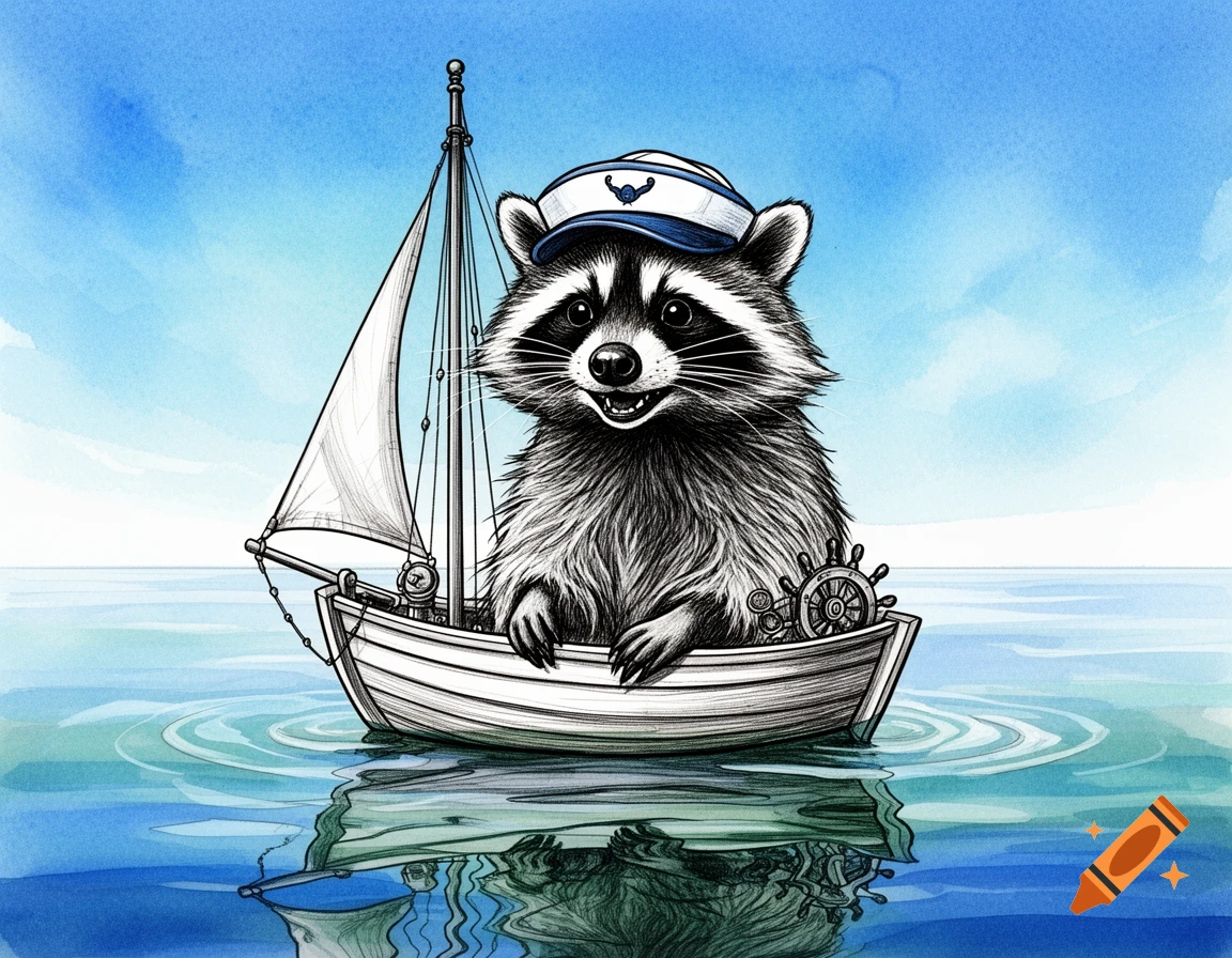 Watercolor and ink illustration of a happy raccoon wearing a sailor hat, steering a small sailboat on blue water.