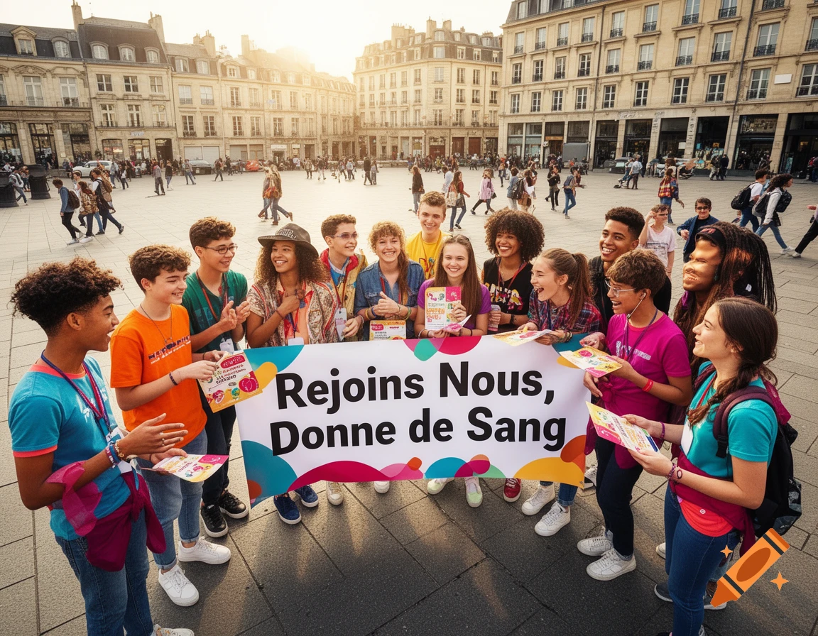 A diverse group of smiling young people hold a banner promoting blood donation in a sunny city square.