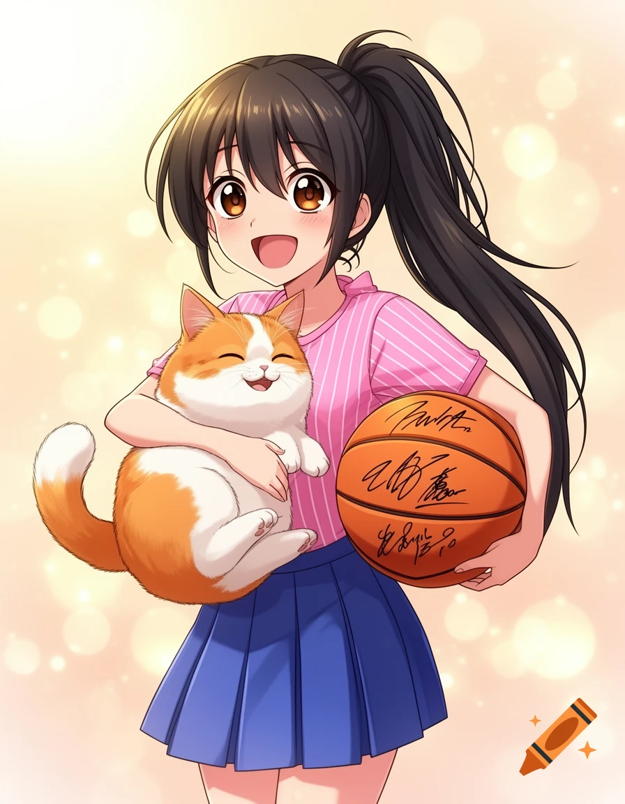 An anime girl with dark hair smiles brightly, holding a happy orange-and-white cat and a signed basketball.