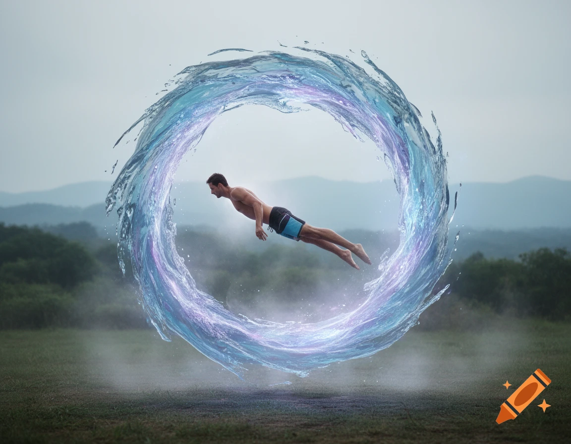 A man in swim shorts dives into a glowing, swirling water portal above a grassy field, with mountains in the background. Photorealistic.