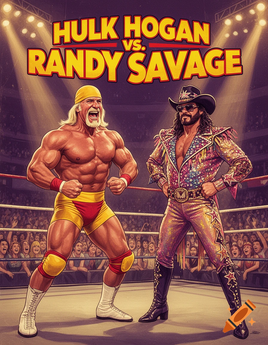 Illustrated wrestling poster showing Hulk Hogan and Randy Savage in a ring, surrounded by a cheering crowd.