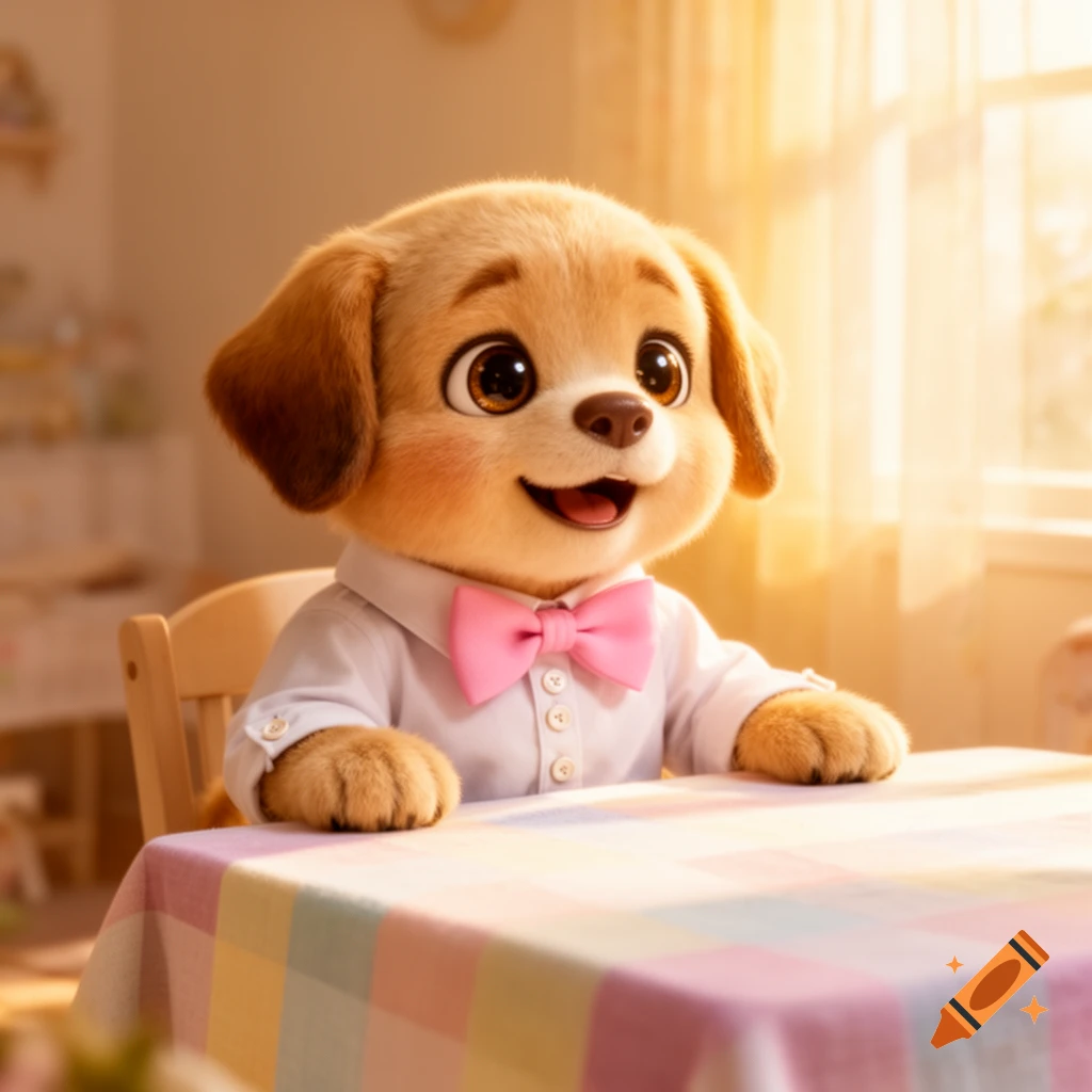 A cute cartoon puppy wearing a white shirt and pink bow tie sits at a table with a pastel checkered tablecloth, smiling.