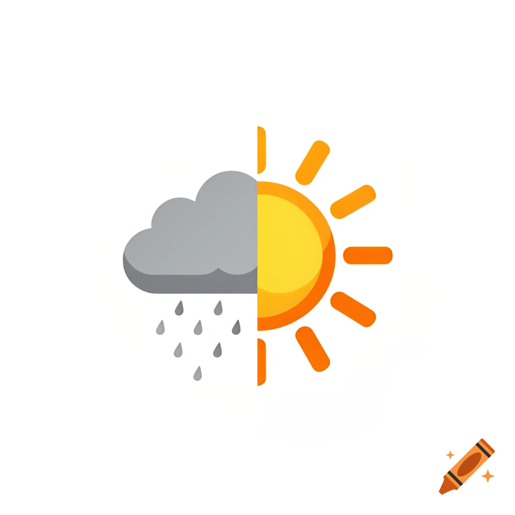 A split icon featuring a grey storm cloud with rain on the left and a yellow and orange sun with rays on the right.
