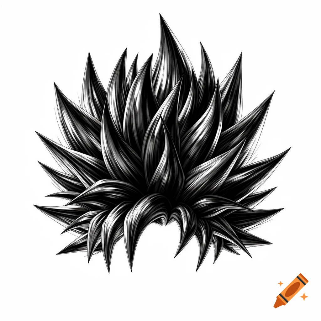 Detailed black spiky anime hair with sharp aggressive spikes, pointing upward and outward on a pure white background.