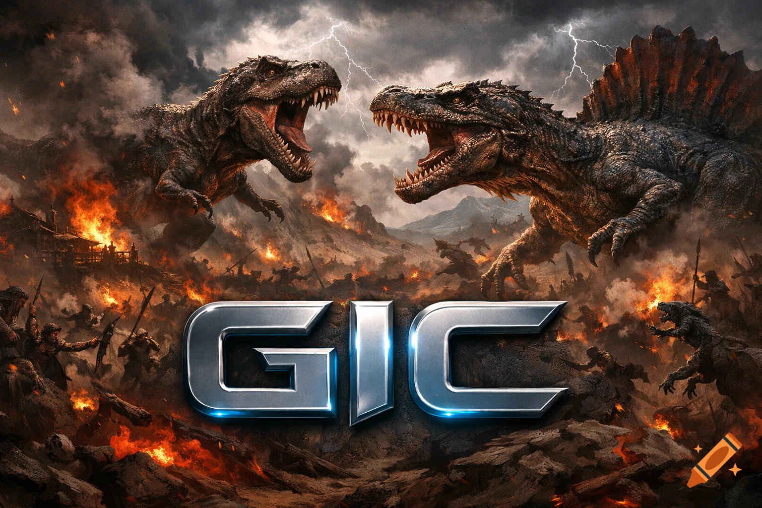 Photorealistic digital art of a T-Rex and Spinosaurus fighting in a fiery battle scene with small warriors and a large metallic "GIC" logo.