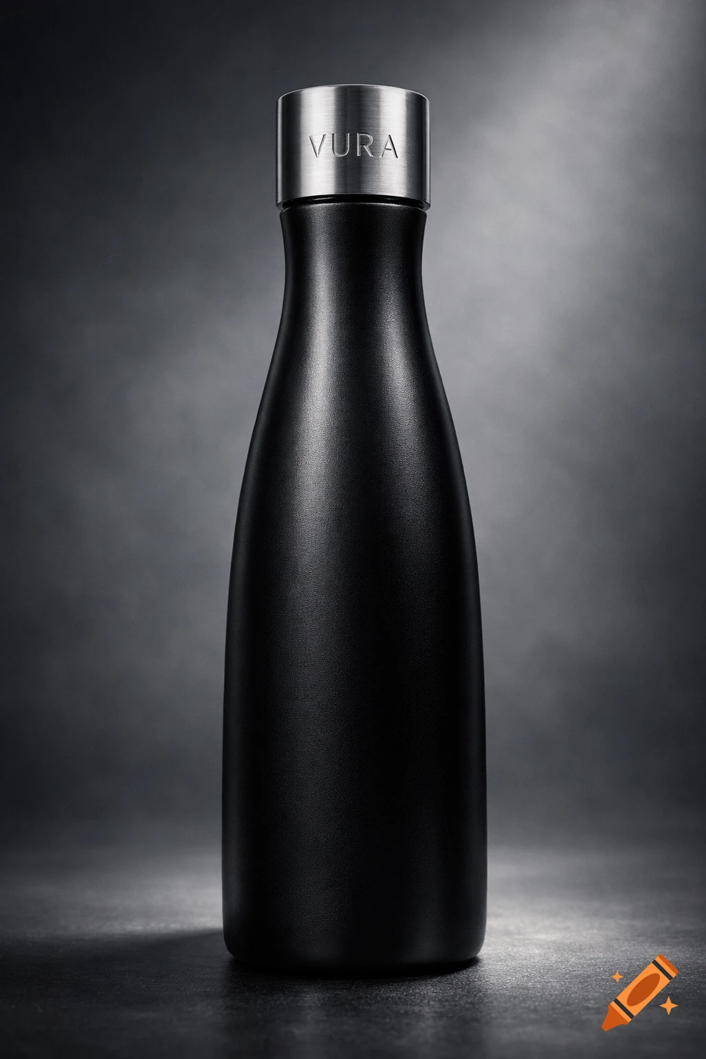 A sleek matte black luxury water bottle with a brushed steel cap engraved 'VURA', lit cinematically on a dark studio background.