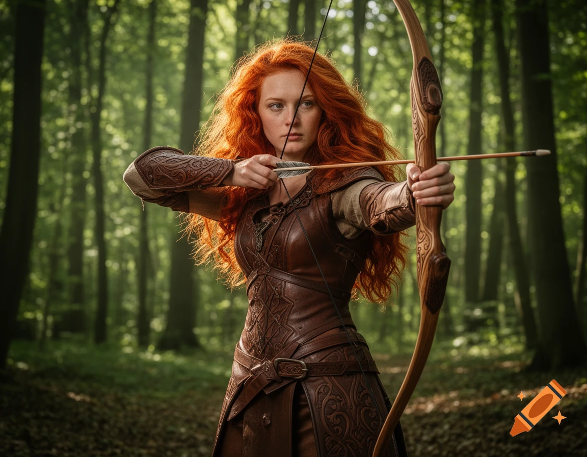 A photorealistic image of a red-headed female archer in leather armor, aiming a bow and arrow in a lush forest.
