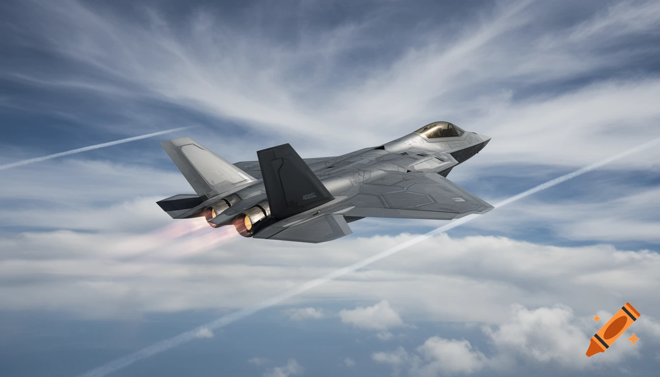A futuristic gray fighter jet with two fiery engine exhausts flies through a blue sky with scattered clouds and contrails.