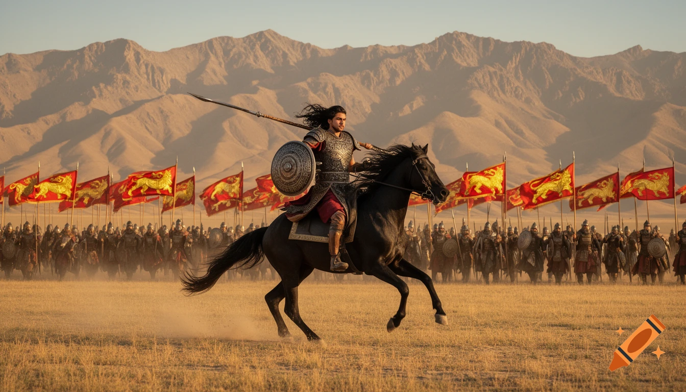 A warrior on a black horse charges across a dusty plain with spear and shield, leading an army with red lion banners towards mountains.