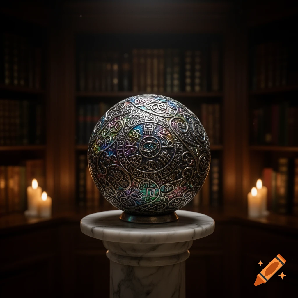 A highly ornate, metallic sphere with colorful, intricate patterns sits on a marble pedestal in a dimly lit library, flanked by candles.