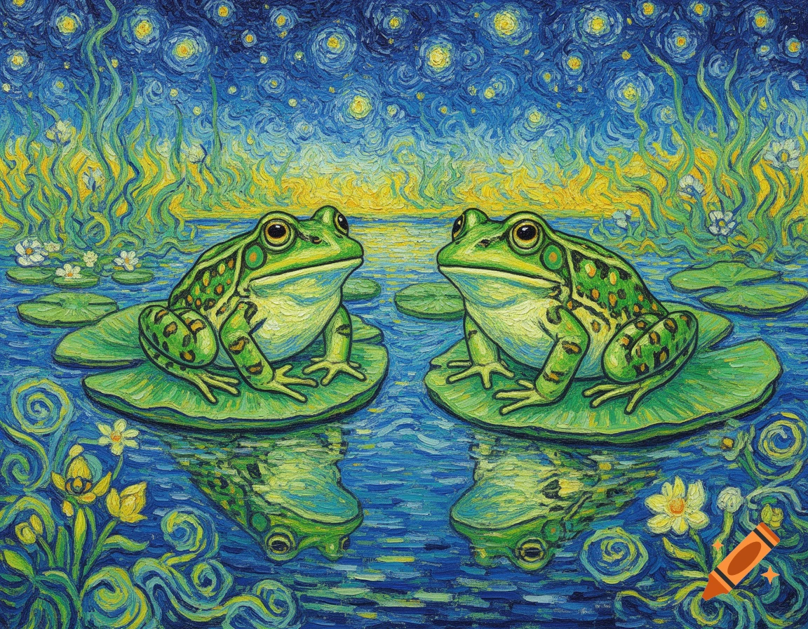 A vibrant Van Gogh style painting of two green frogs on lily pads in a pond under a starry night sky.