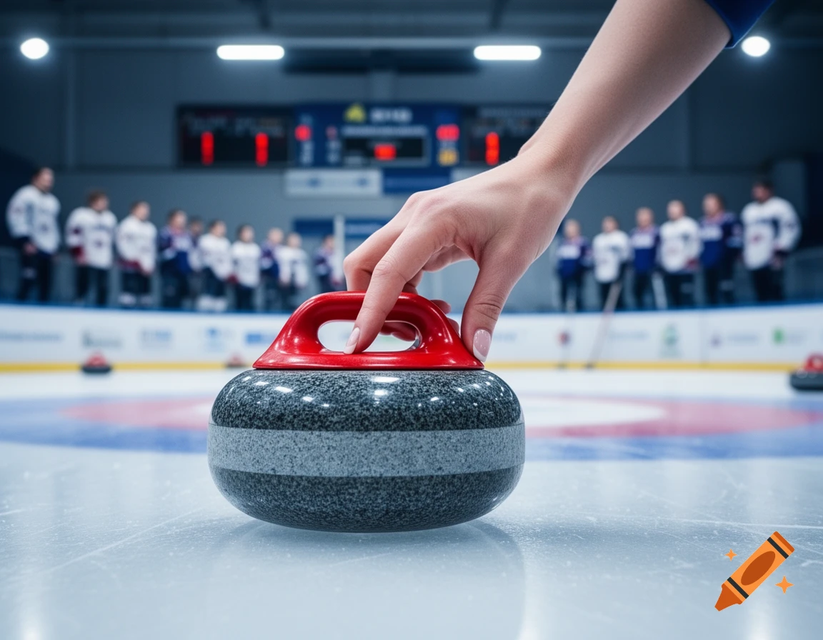 Close-up of a hand touching a red-handled curling stone on an ice rink with blurred players in the background. Photorealistic.