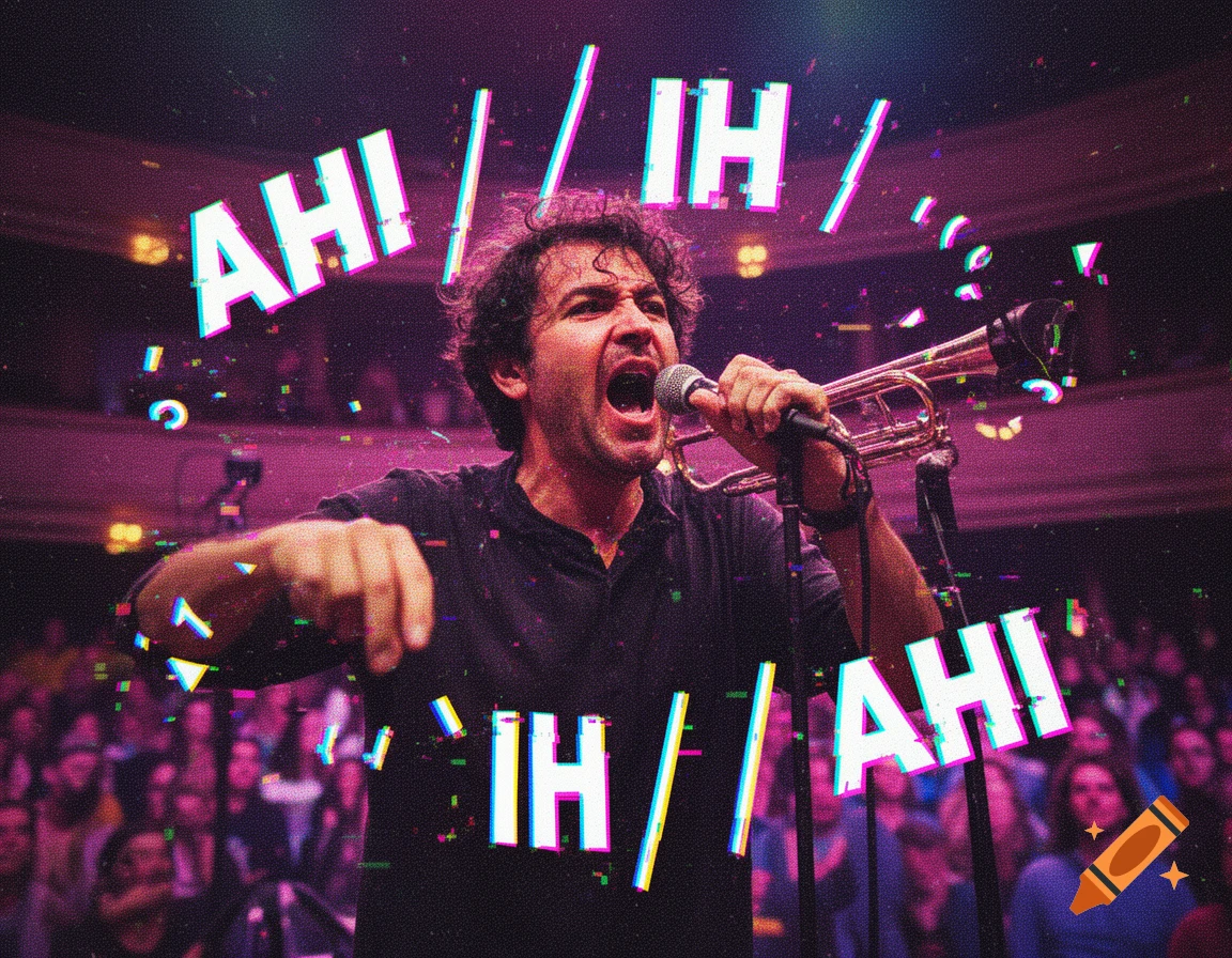 A man shouts into a microphone, holding a trumpet, surrounded by "AH!" and "IH" text and glitch effects in a deep fried meme style.