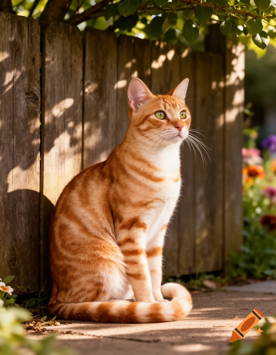 An orange tabby cat with green eyes sits next to a rustic wooden fence ...
