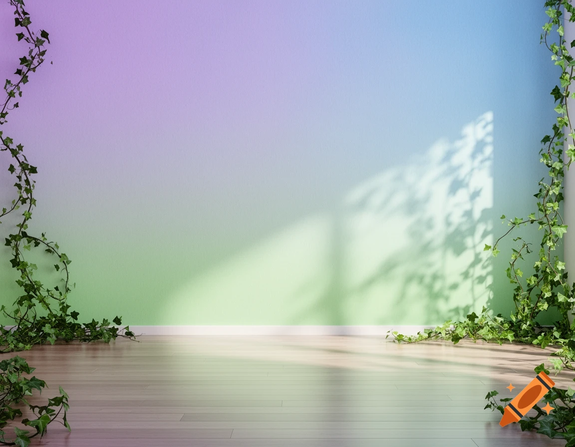 Empty room with a pastel gradient wall (lavender, green, blue), ivy on the edges, and a light wood floor with leaf shadows.