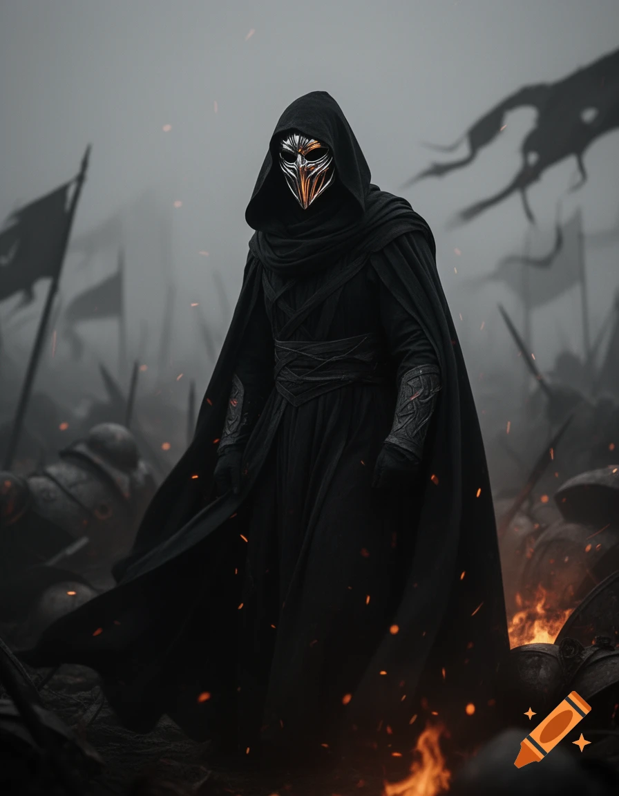 A masked, hooded figure in black stands among fallen warriors and embers on a misty, war-torn battlefield, in a dark fantasy style.