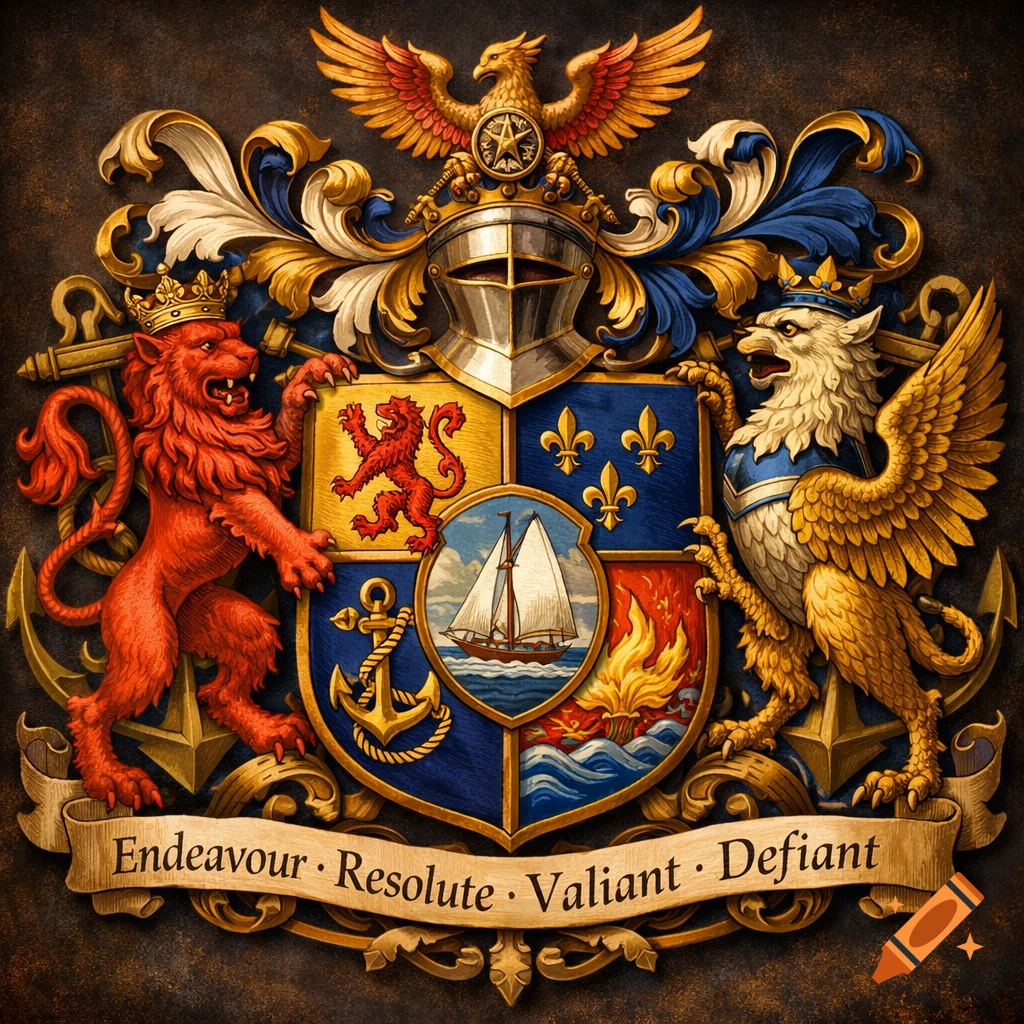 A highly detailed, ornate heraldic coat of arms featuring a crowned red lion, a griffin, and a shield with a sailboat and other emblems. A banner reads "Endeavour · Resolute · Valiant · Defiant".