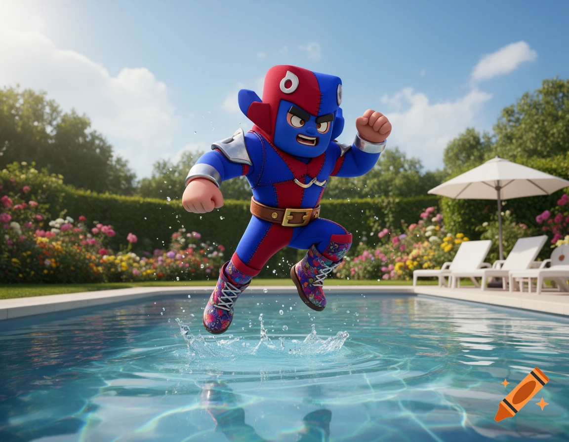 A stylized red and blue cartoon character, resembling a superhero, jumps into a swimming pool in a lush garden.