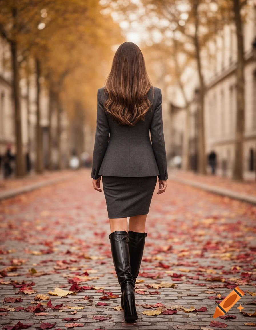 A woman with long brown hair, wearing a grey business suit and black ...