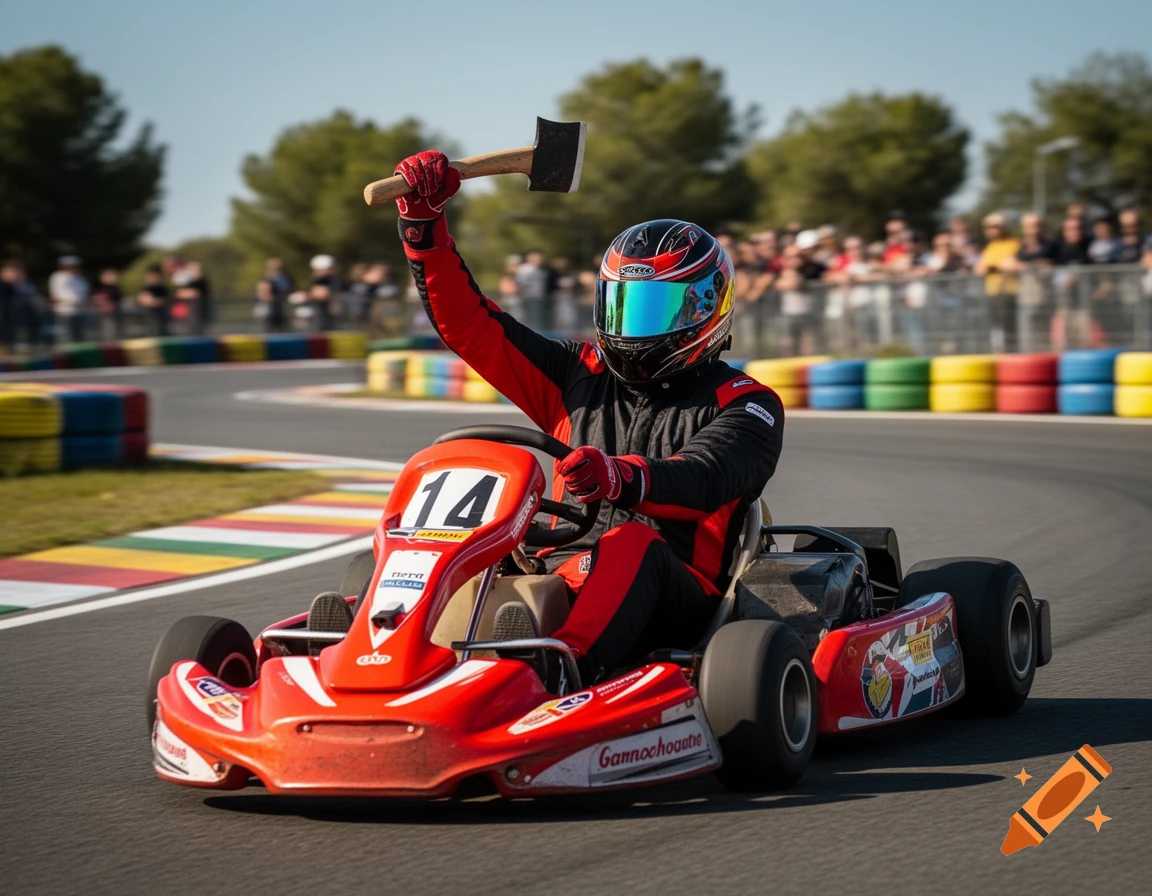 A go-kart driver in a red and black suit raises an axe while driving on a race track, with spectators in the background.
