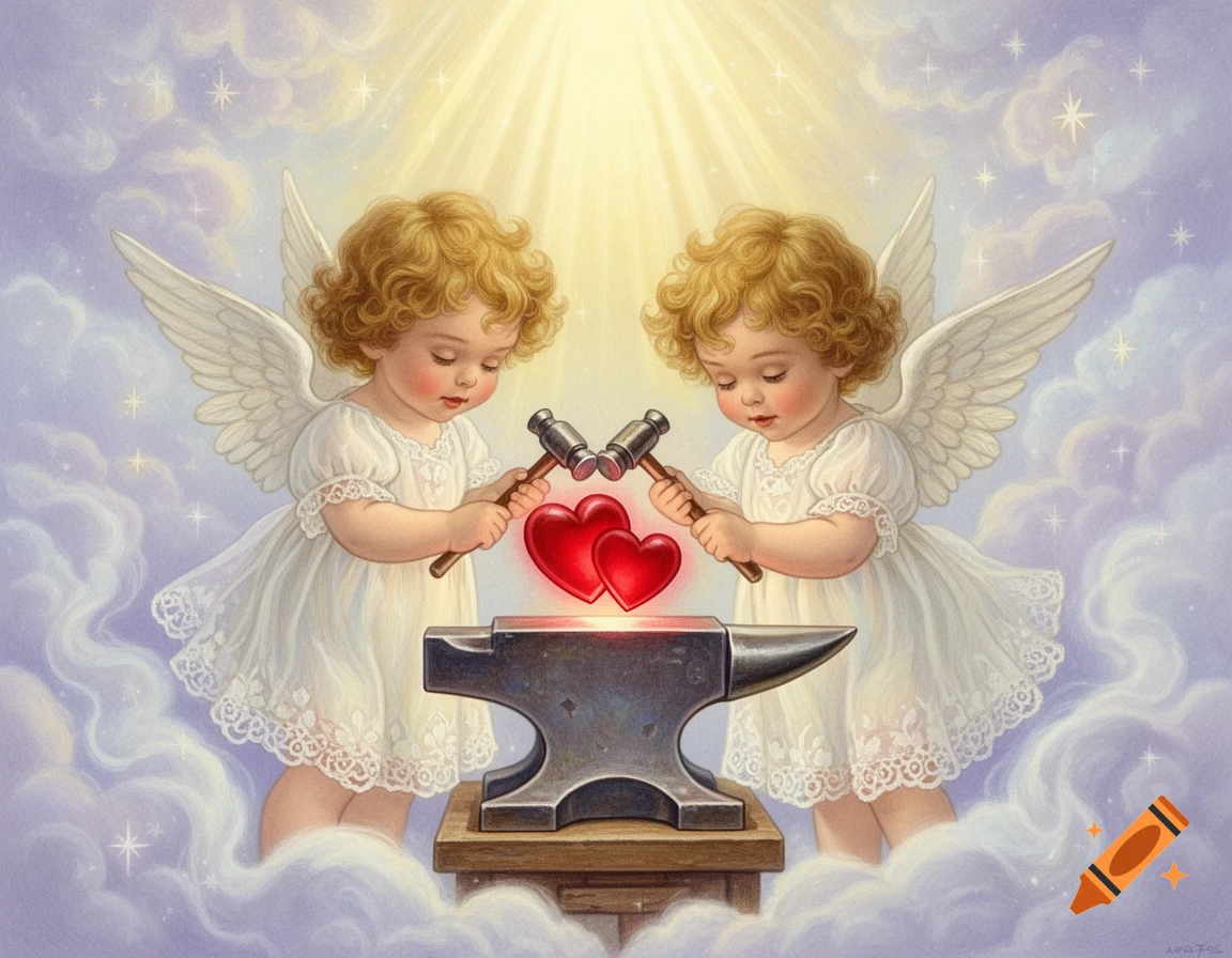 Two cute, curly-haired Victorian-style angels forge glowing red hearts on an anvil under a bright light.