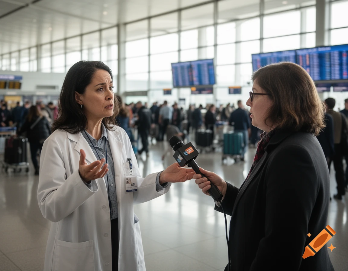 A scientist in a lab coat is interviewed by a reporter with a microphone in a busy airport terminal.