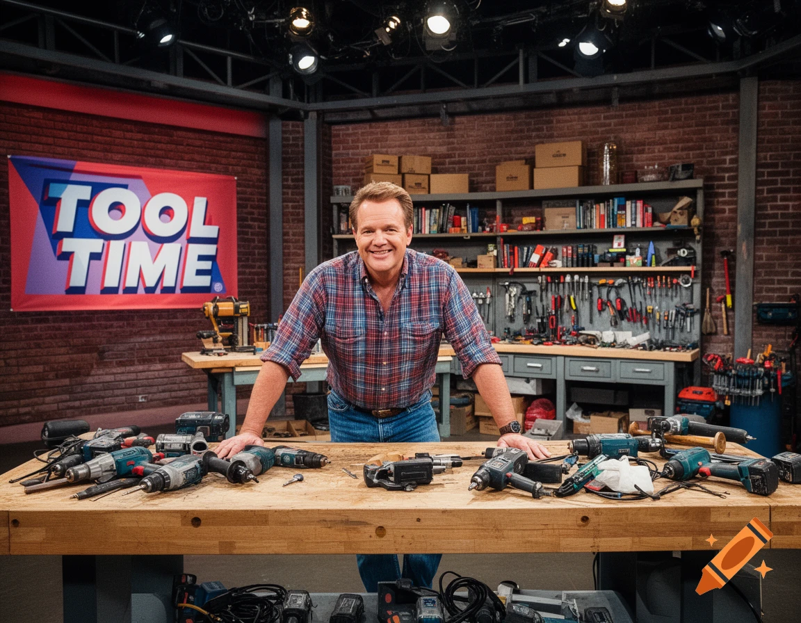 A smiling man stands behind a workbench filled with power tools in a workshop with a 'TOOL TIME' banner.