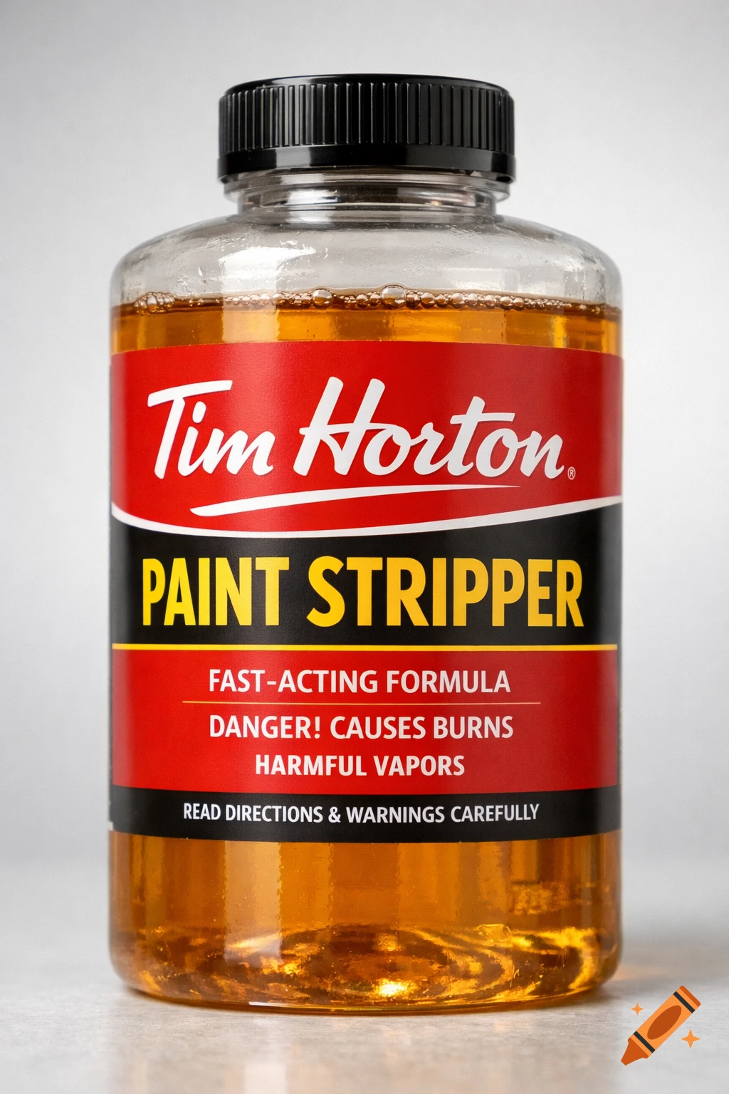 A clear glass bottle of Tim Horton brand paint stripper with a red and black label.