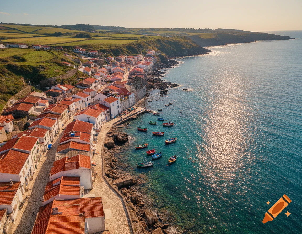 Aerial view of a picturesque seaside village with red-roofed houses, boats in turquoise water, and a green coastal landscape.