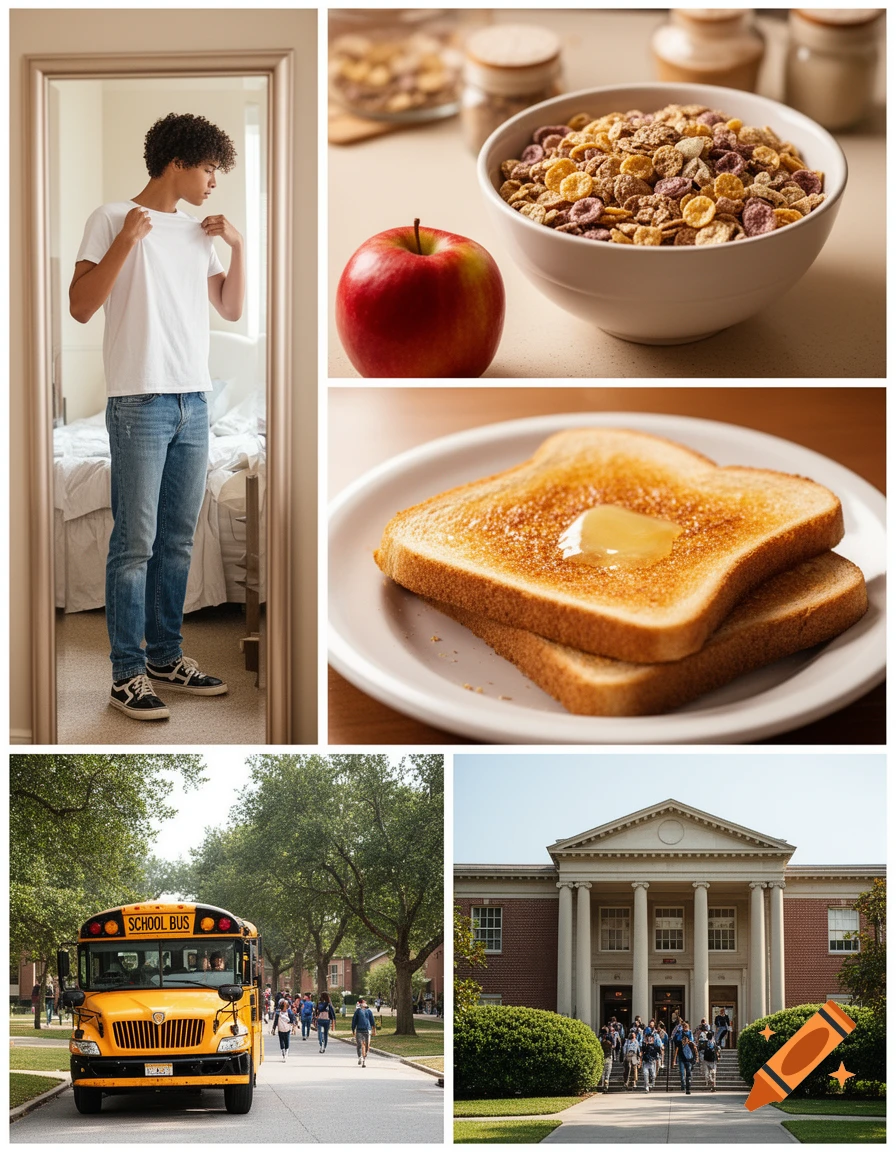 A five-panel collage showing a young man getting dressed, breakfast foods like cereal and toast, a yellow school bus, and a school building.