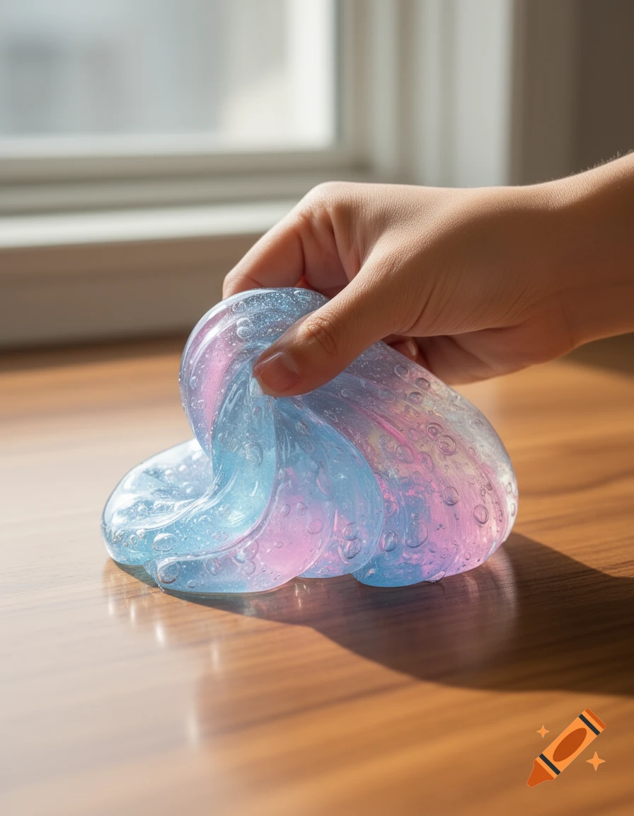A hand holds translucent blue and pink slime filled with bubbles over a wooden table.