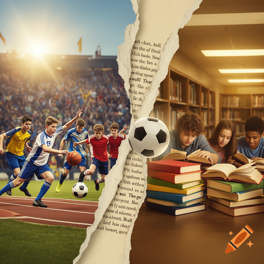 A collage image split by a torn paper effect, showing boys playing sports in a stadium on the left and kids studying in a library on the right.