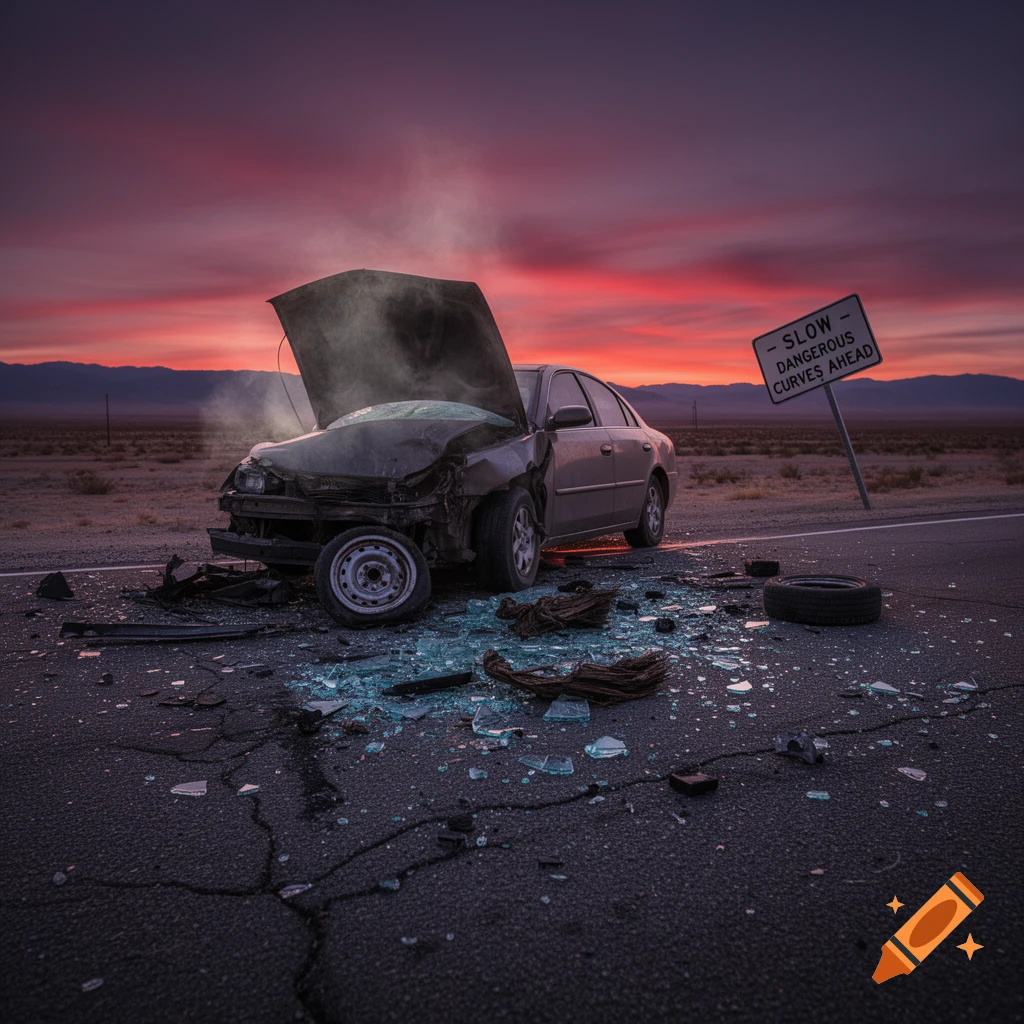 A severely damaged car with its hood open and smoke rising, surrounded by broken glass on a desert road at sunset. A sign reads "SLOW DANGEROUS CURVES AHEAD".