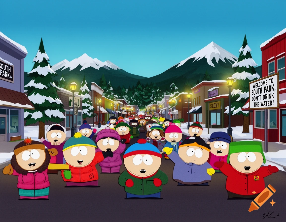 A large group of South Park characters, including Cartman, Kyle, and Stan, stand in their snowy mountain town with shops and signs.