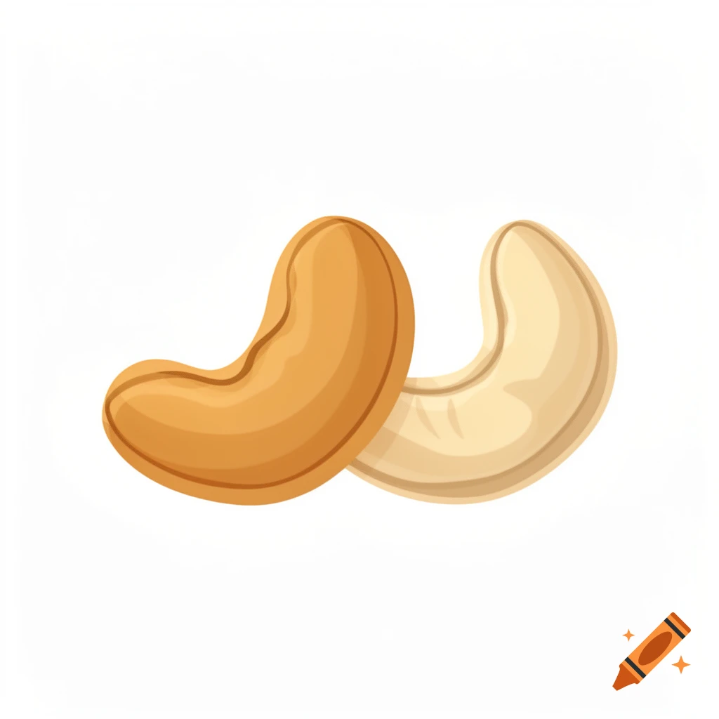Two cashews in vector art style, one light brown and one cream-colored, on a white background.